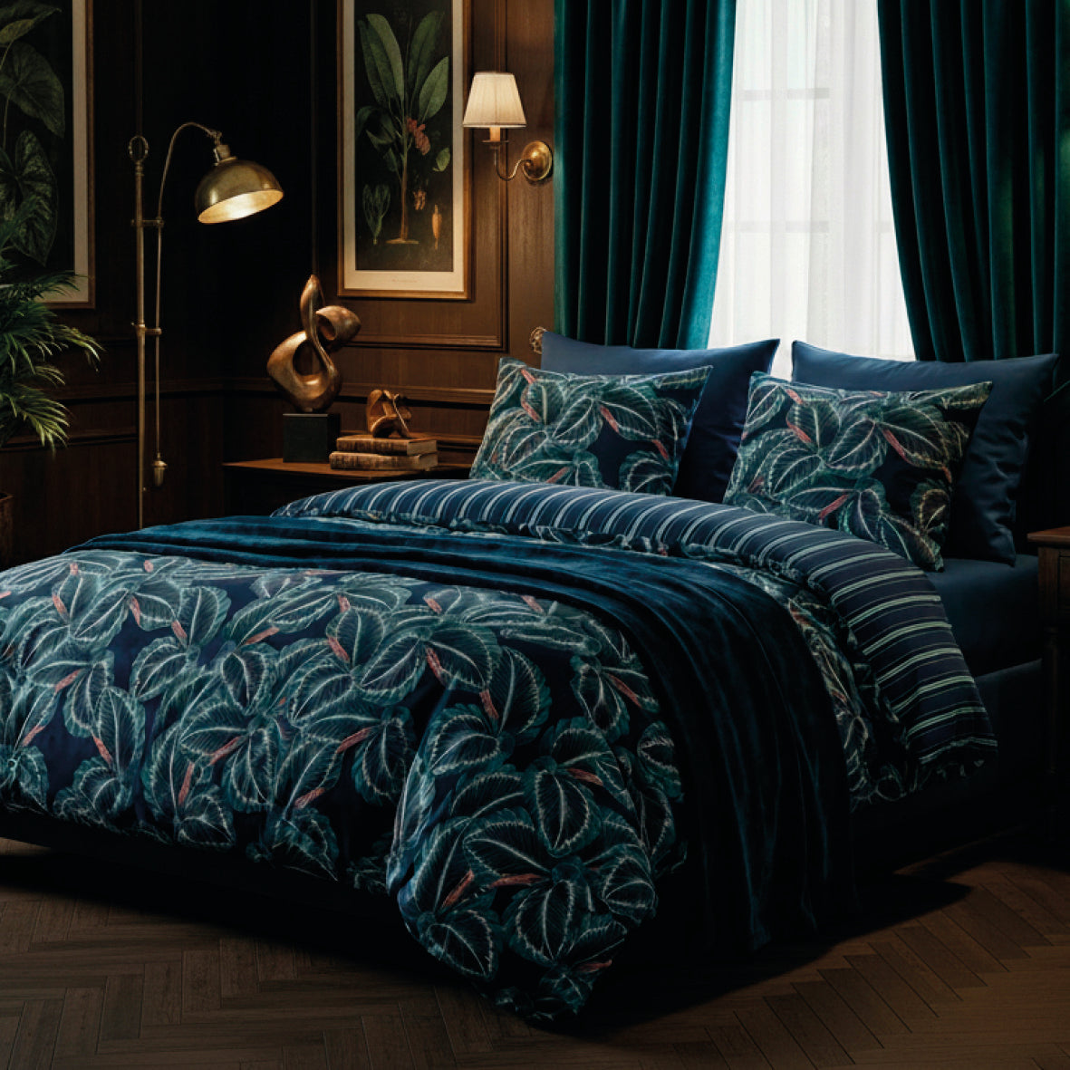 Quilt with tassels cotton satin Calathea Dark blue - 140 x 200 cm