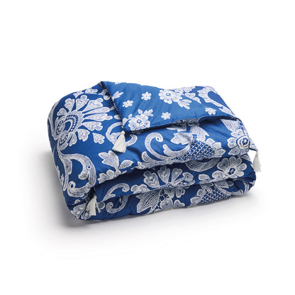 Quilt with tassels cotton satin Passementerie Blue - 140 x 200 cm