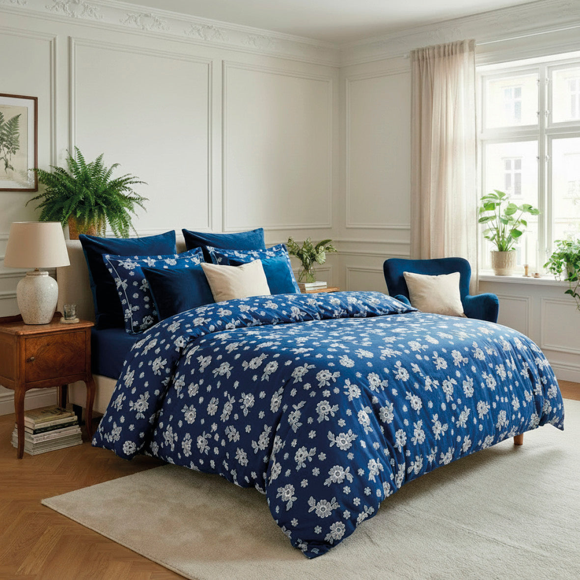 Duvet cover + pillowcase cotton satin - Blossom Dark blue