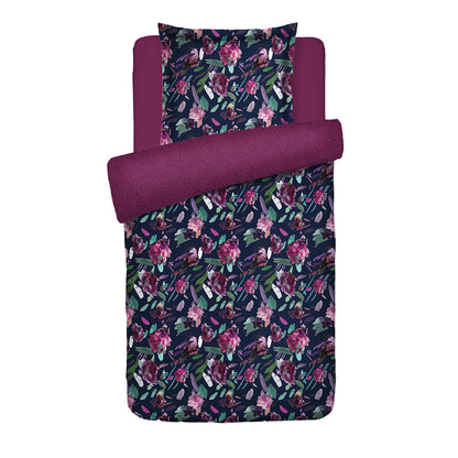 Duvet cover + pillowcase cotton satin - Arty flowers Dark blue