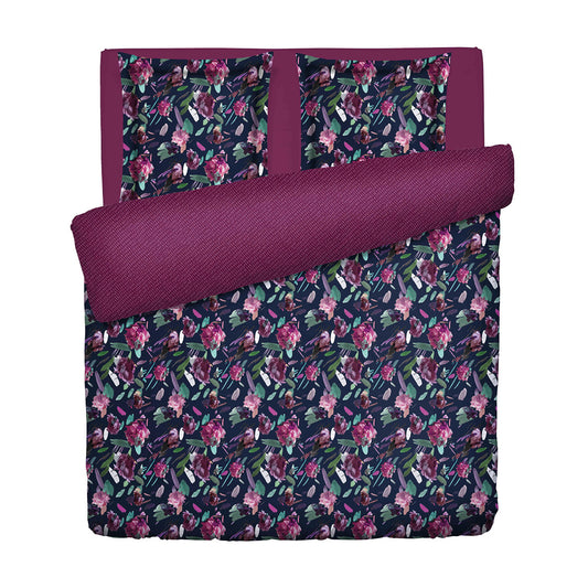 Duvet cover + pillowcase cotton satin - Arty flowers Dark blue