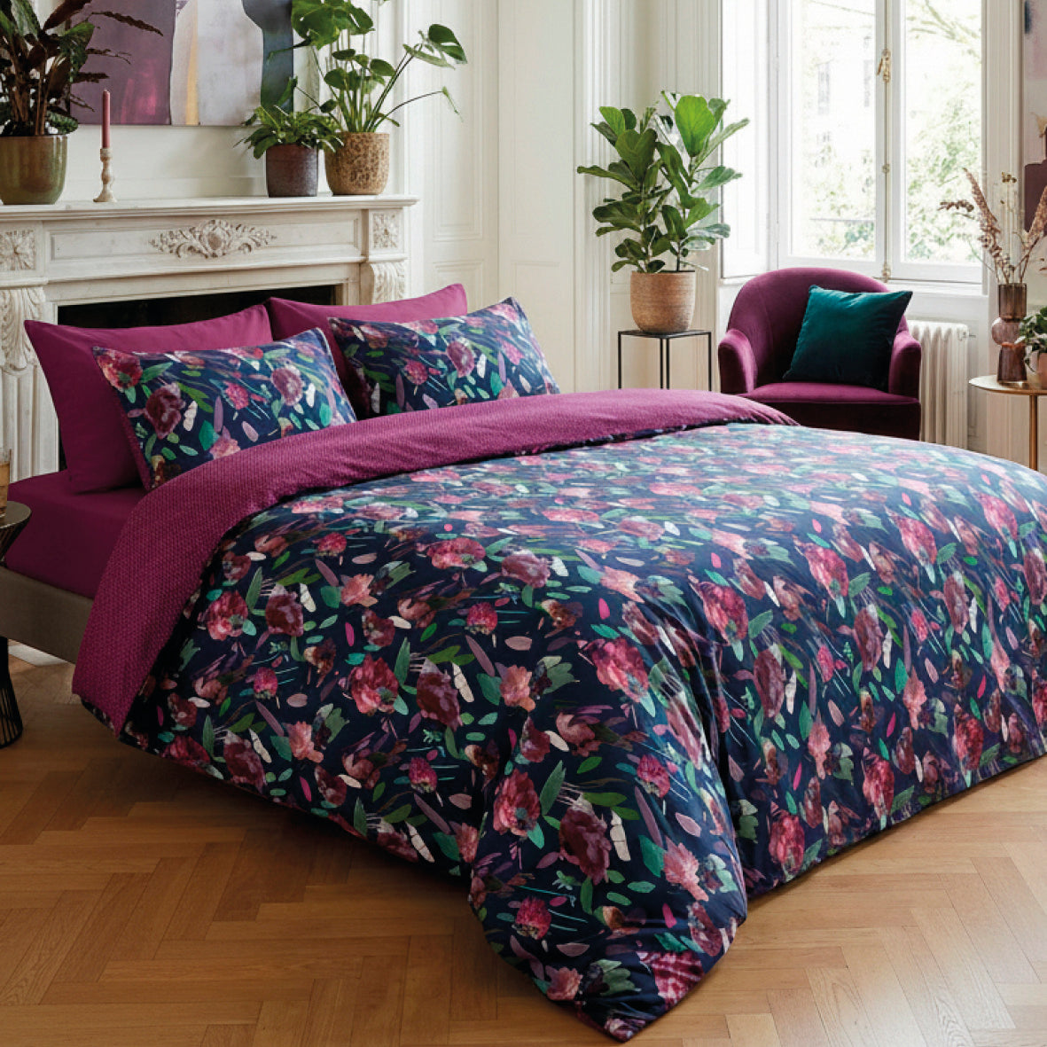 Flat sheet cotton satin - Arty flowers Dark blue