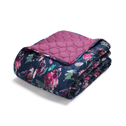 Bedspread cotton satin Arty flowers Dark blue - 220 x 250 cm