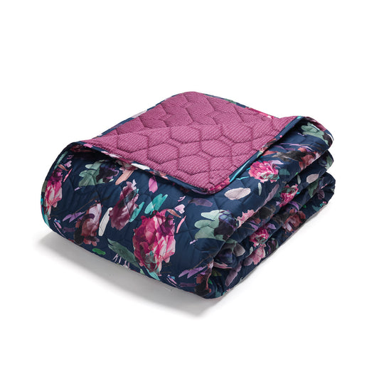 Bedspread cotton satin Arty flowers Dark blue - 220 x 250 cm