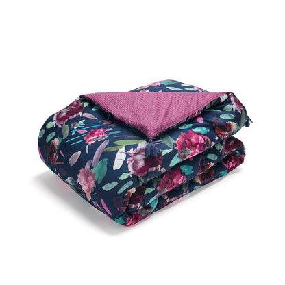 Quilt with tassels cotton satin Arty flowers Dark blue - 140 x 200 cm