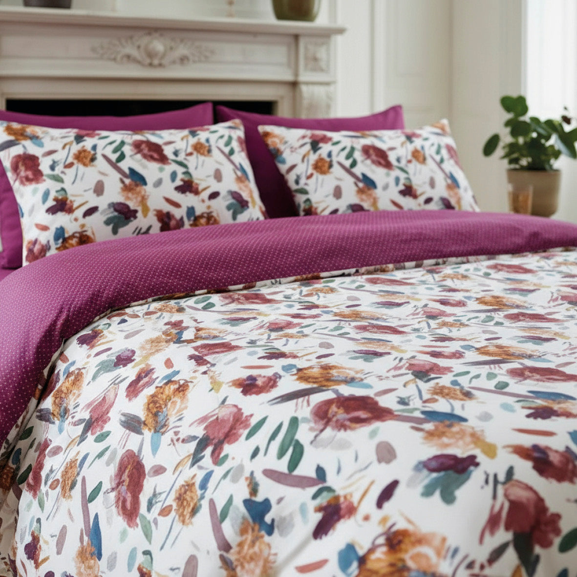 Duvet cover + pillowcase cotton satin - Arty flowers White