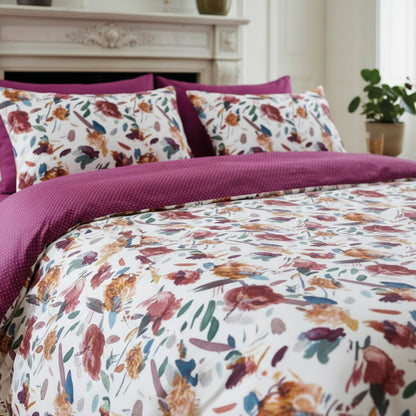 Duvet cover + pillowcase cotton satin - Arty flowers White