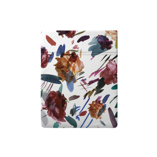 Flat sheet cotton satin - Arty flowers White