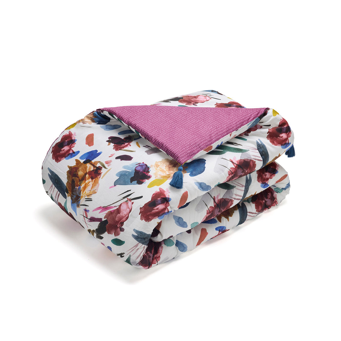 Édredon avec glands satin de coton Arty flowers Blanc - 140 x 200 cm