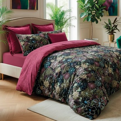 Duvet cover + pillowcase cotton satin - Fleurs pastel Black