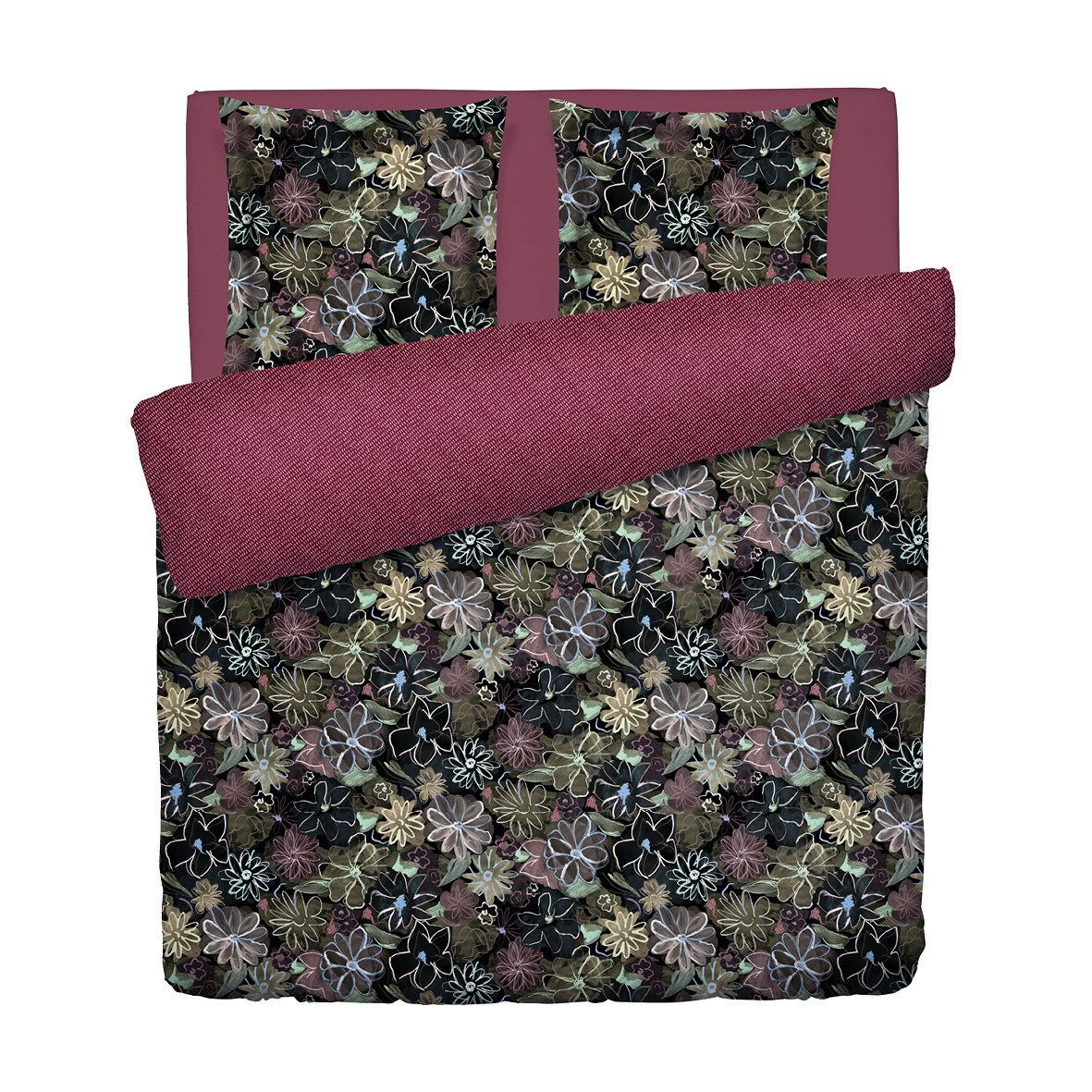 Duvet cover + pillowcase cotton satin - Fleurs pastel Black