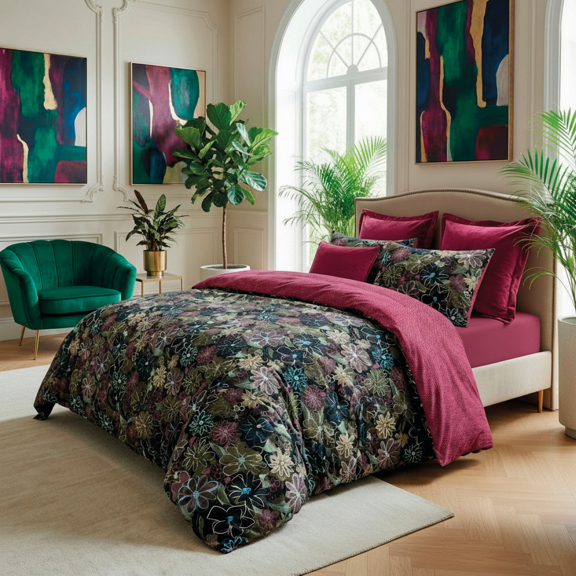 Pillowcase cotton satin - Pollen / Fleurs pastel Burgundy