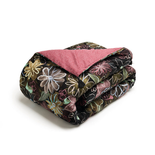 Quilt with tassels cotton satin Fleurs pastel Black - 140 x 200 cm