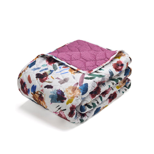 Bedspread cotton satin Arty flowers White - 220 x 250 cm