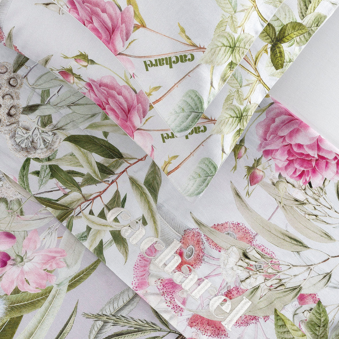 Set of sheets : fitted sheet, flat sheet, pillowcase(s) in cotton satin - Jardin de roses Thyme Green