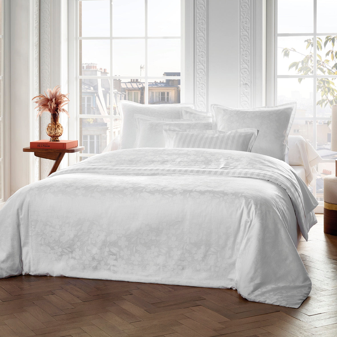 Pillowcase(s) cotton satin - Jacquard woven - Petites Fleurs white