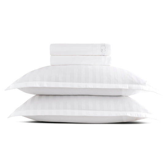 Sheet set : fitted sheet, flat sheet, pillowcase(s) in satin cotton - Jacquard woven - Dobby stripe white