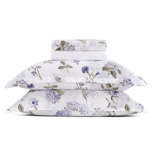 Sheet set : fitted sheet, flat sheet, pillowcase(s) in satin cotton - Fleurs Passion white