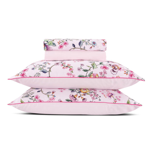 Sheet set : fitted sheet, flat sheet, pillowcase(s) in satin cotton - Jardin Secret Blush pink