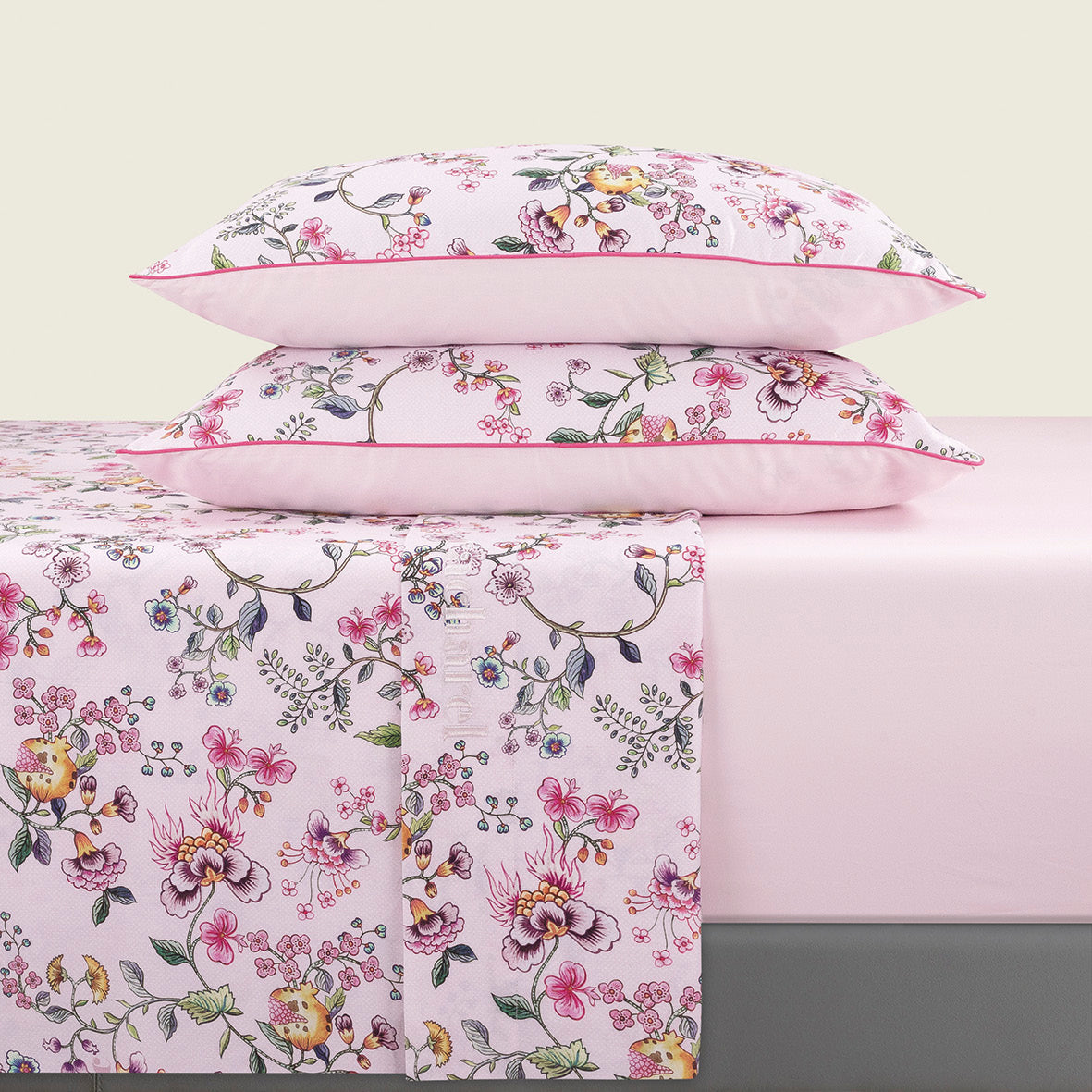 Sheet set : fitted sheet, flat sheet, pillowcase(s) in satin cotton - Jardin Secret Blush pink