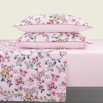 Sheet set : fitted sheet, flat sheet, pillowcase(s) in satin cotton - Jardin Secret Blush pink