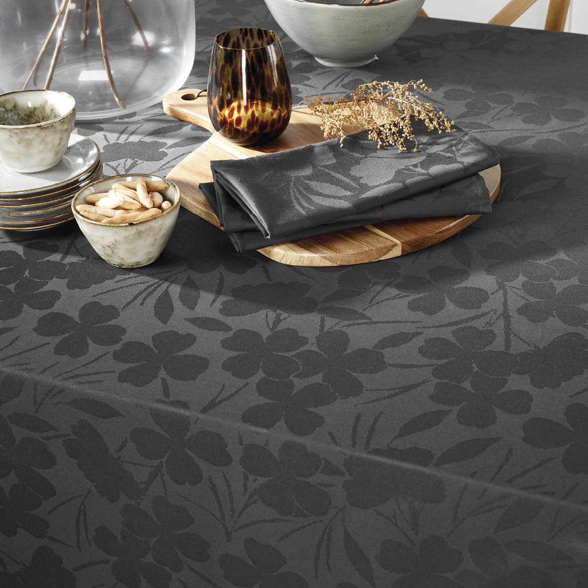 Tablecloth - Jacquard woven - Petites Fleurs dark grey