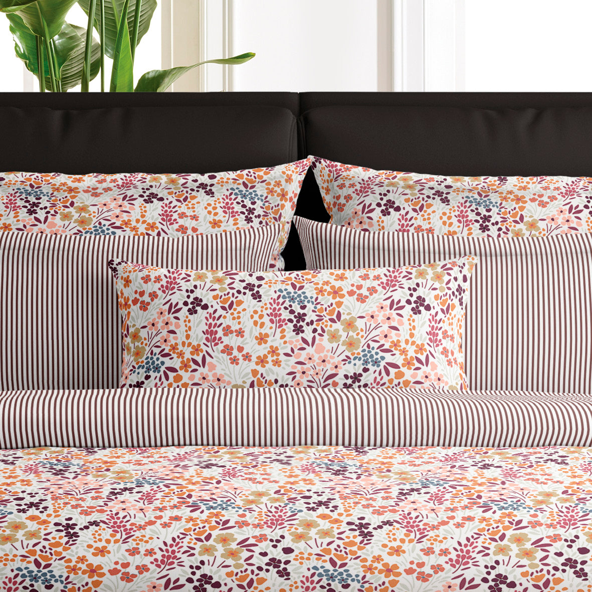 Pillowcase(s) cotton satin - Fleurs des Champs burgundy