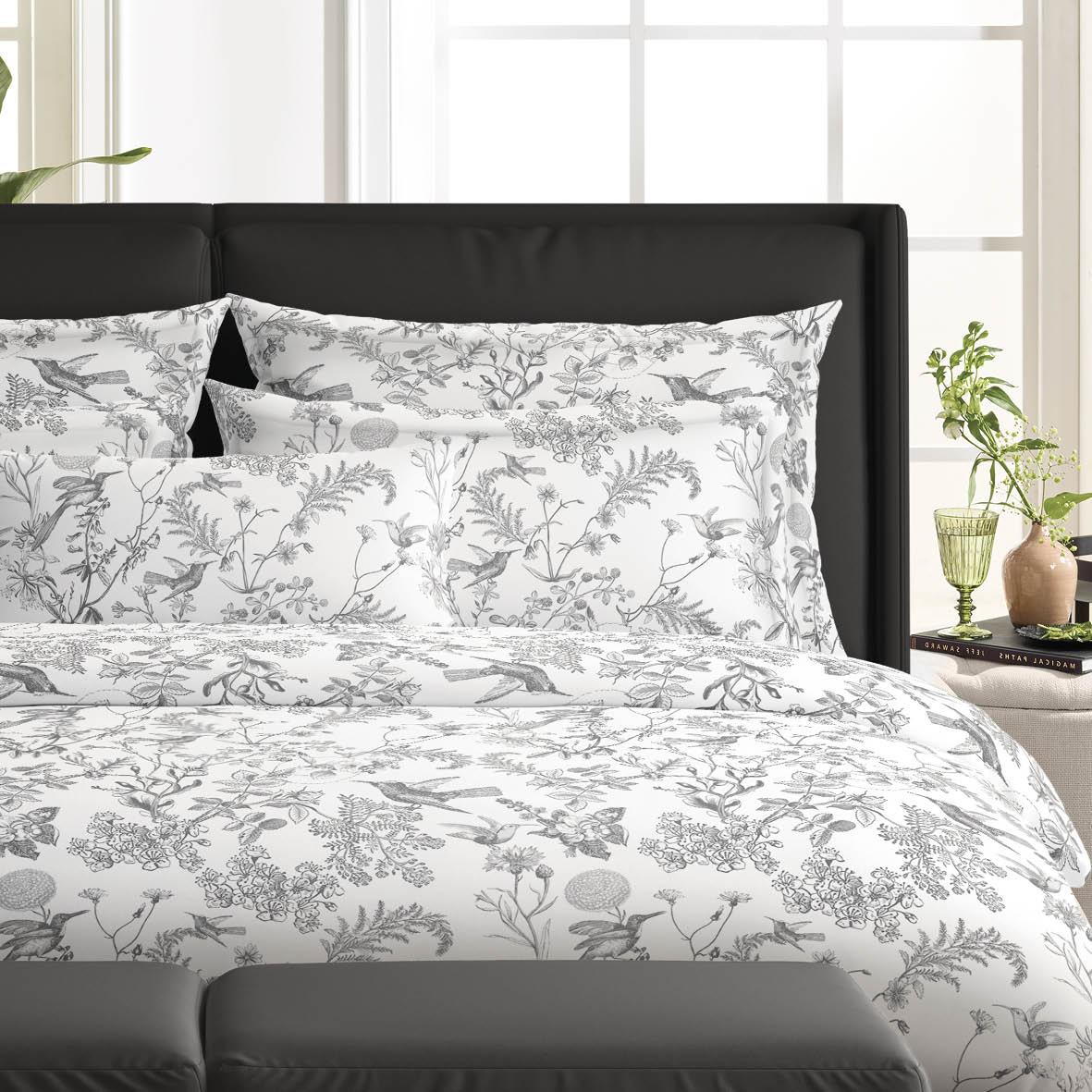 Pillowcase(s) cotton satin - Jardin du colibri Black grey