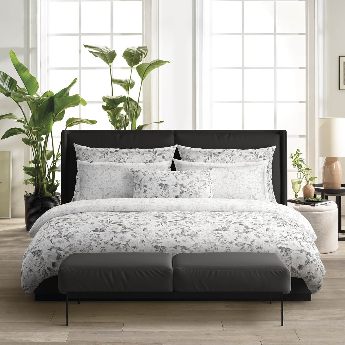 Duvet cover + pillowcase(s) cotton satin - Pétale de rose Black/white