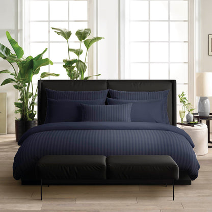 Duvet cover + pillowcase(s) cotton satin - Jacquard woven - dobby stripe dark blue