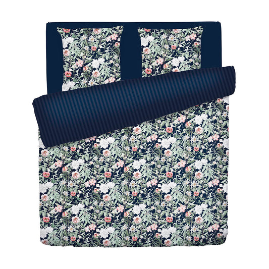 Duvet cover + pillowcase(s) cotton satin - Bouquet de nuit dark blue