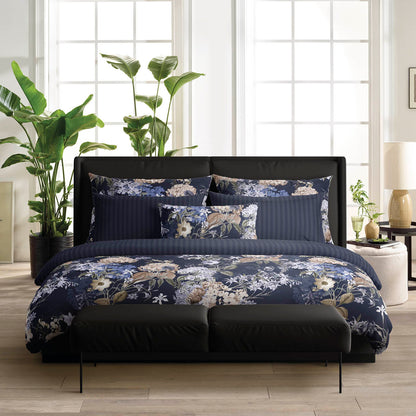 Duvet cover + pillowcase(s) cotton satin - Bouquet d'hortensias dark blue