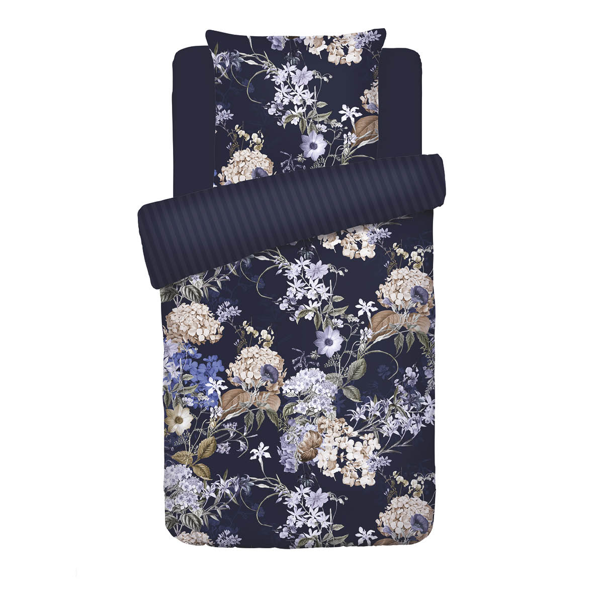 Duvet cover + pillowcase(s) cotton satin - Bouquet d'hortensias dark blue