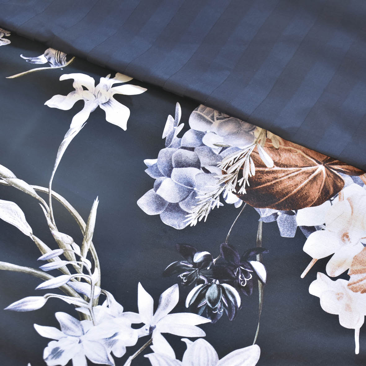 Pillowcase(s) cotton satin - Bouquet d'hortensias dark blue