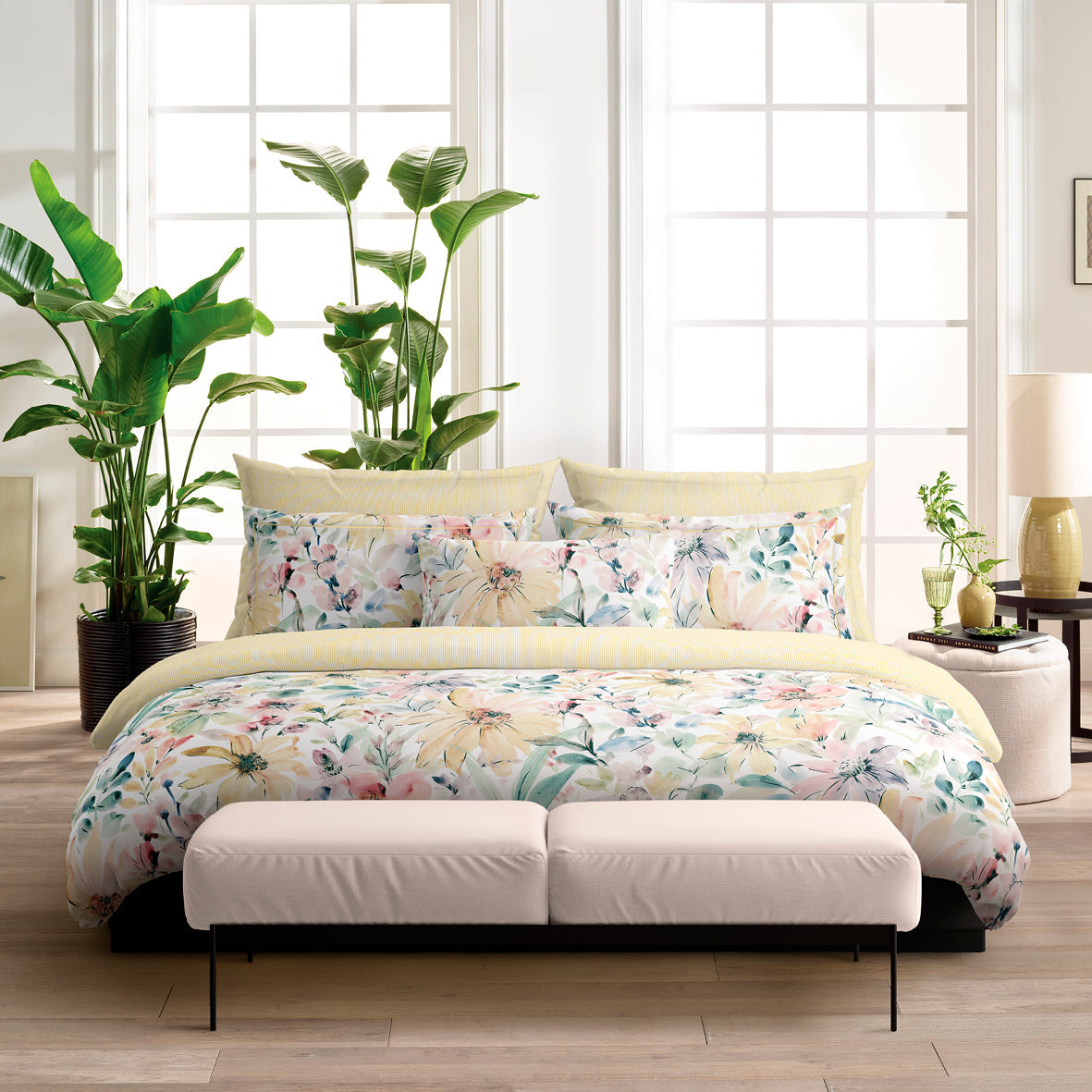 Duvet cover + pillowcase(s) cotton satin - Douceur florale Yellow