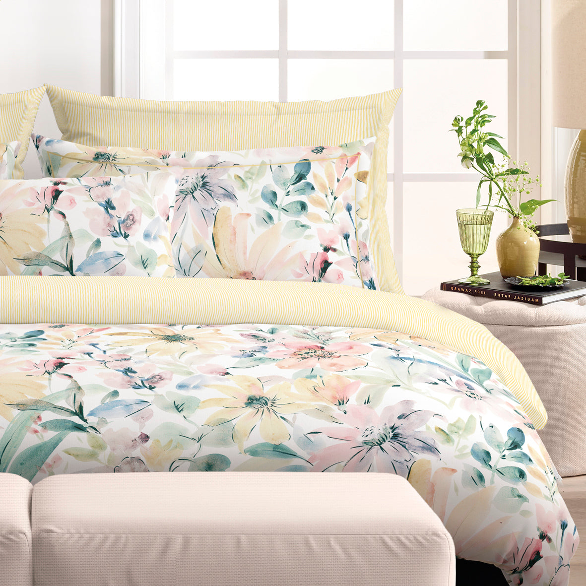 Drap-housse satin de coton - Rayures peintes Jaune