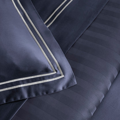 Flat sheet cotton satin - La Rochelle White / Dark blue