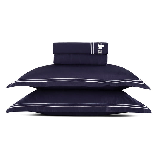 Sheet set cotton satin - La Rochelle White / Dark blue