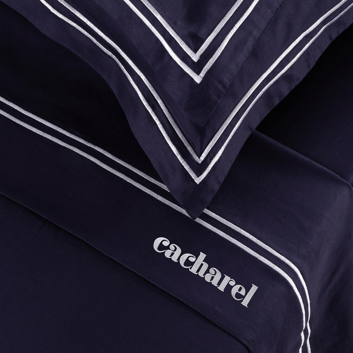 Ensemble de draps satin de coton - La Rochelle Blanc / Bleu foncé