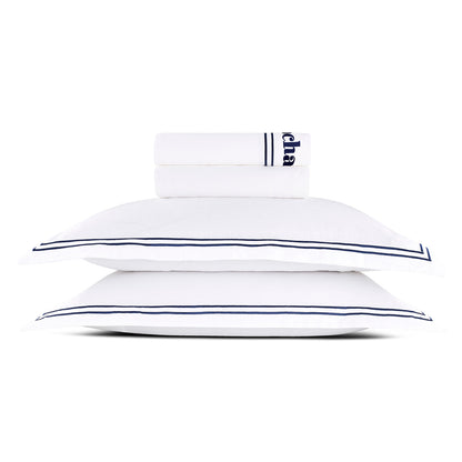 Ensemble de draps satin de coton - La Rochelle Bleu foncé / Blanc