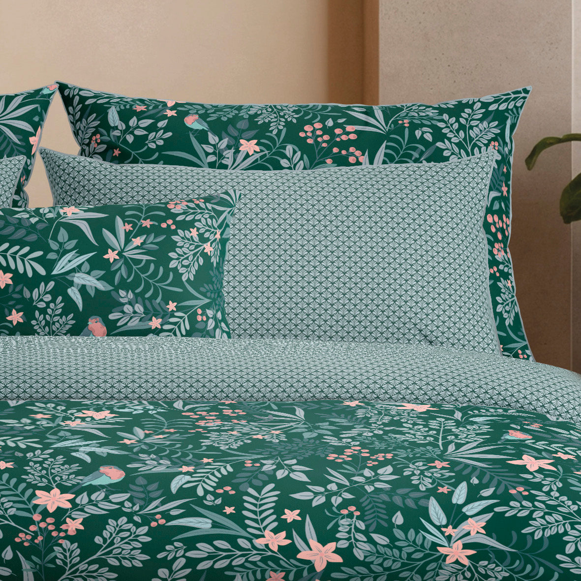 Duvet cover + pillowcase(s) cotton satin - Forêt enchantée Green