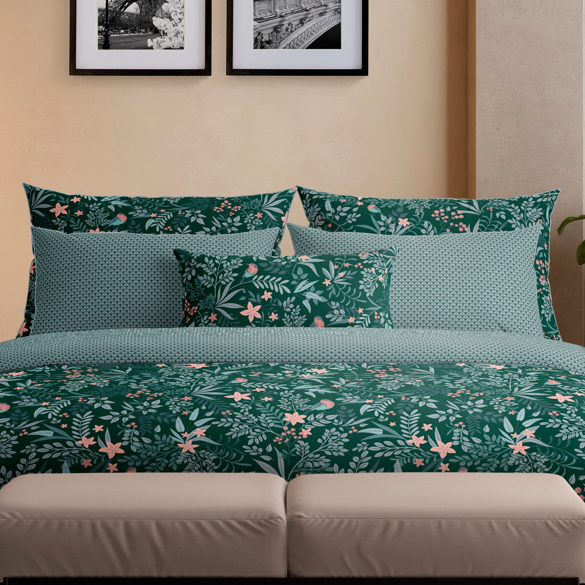 Fitted sheet cotton satin - Arche florale Green