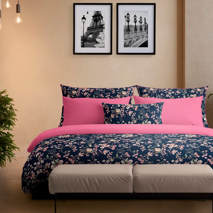 Duvet cover + pillowcase(s) cotton satin - Jardin secret Dark blue / Pink