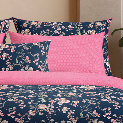 Duvet cover + pillowcase(s) cotton satin - Jardin secret Dark blue / Pink