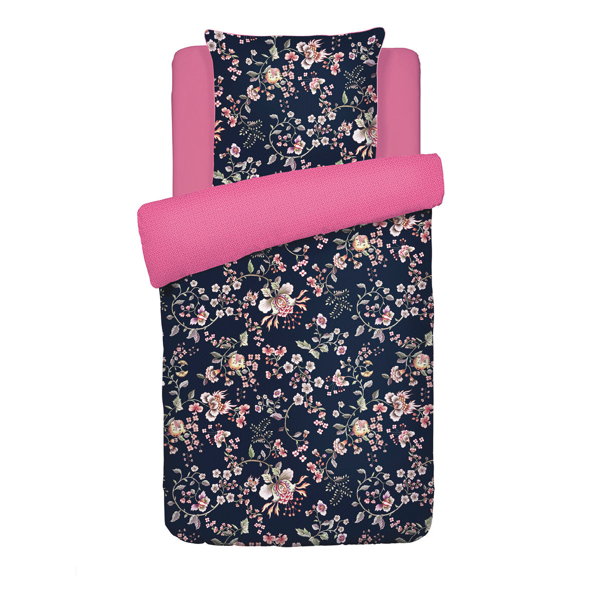 Duvet cover + pillowcase(s) cotton satin - Jardin secret Dark blue / Pink