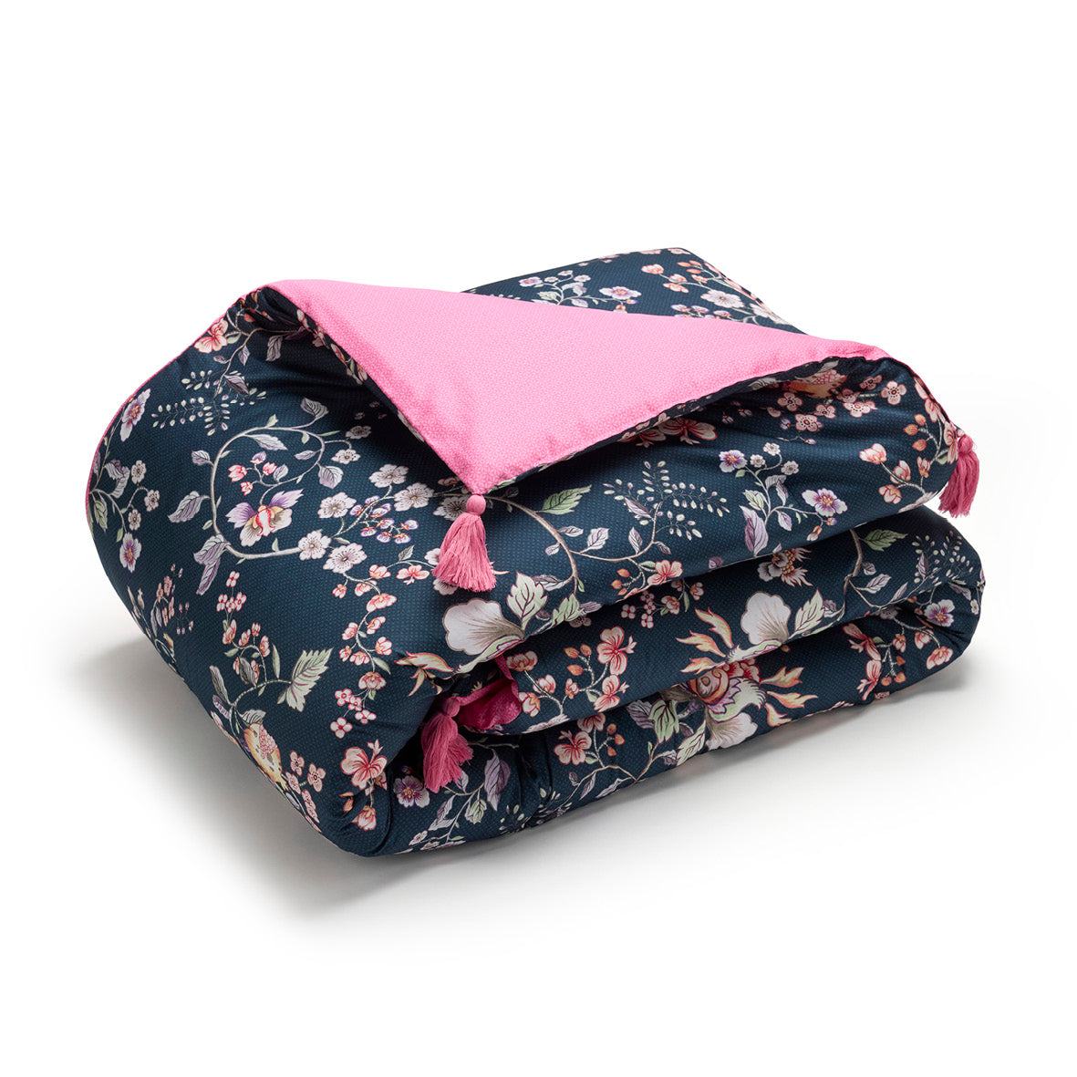 Quilt with tassels Jardin secret Dark blue / Pink - 140 x 200 cm