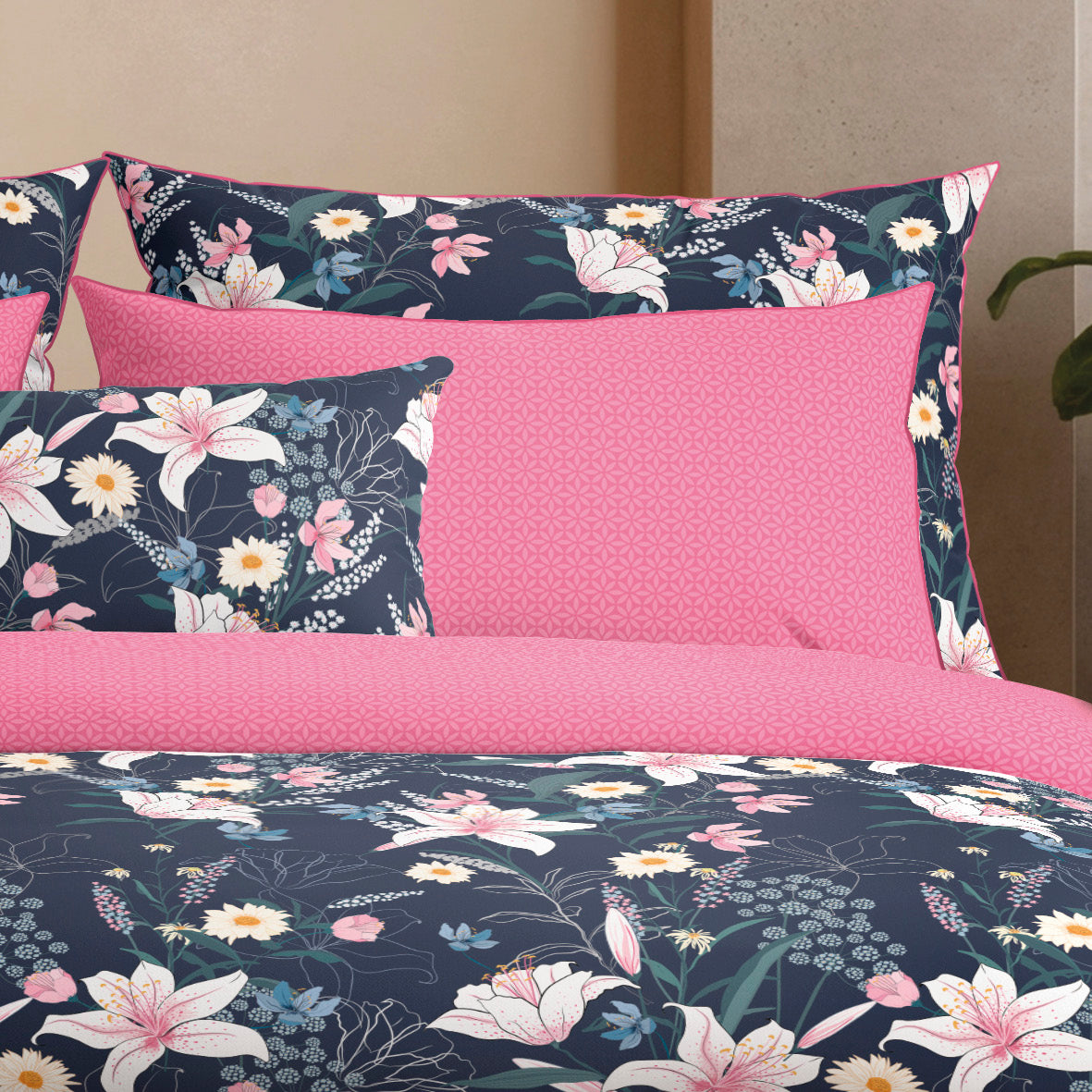Taie(s) d'oreiller satin de coton - Fleur de minuit Bleu foncé / Rose