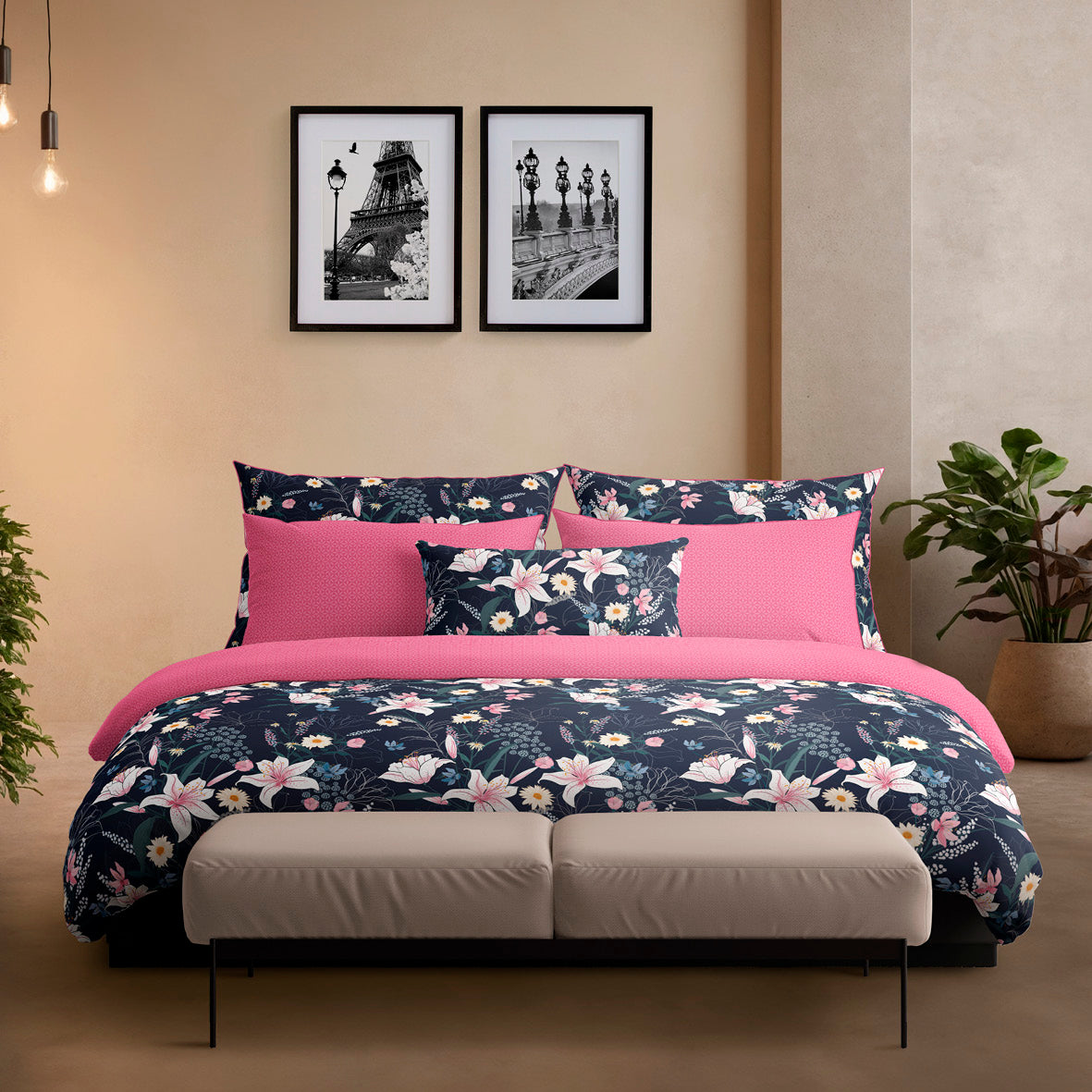 Taie(s) d'oreiller satin de coton - Fleur de minuit Bleu foncé / Rose