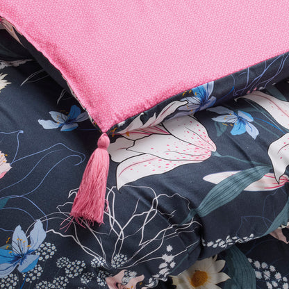 Quilt with tassels Fleur de minuit Dark blue / Pink - 140 x 200 cm