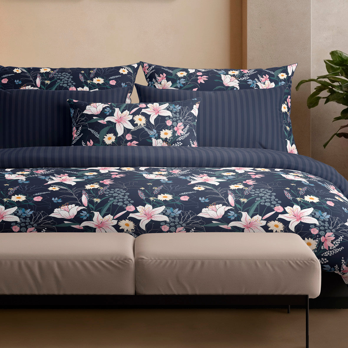 Duvet cover + pillowcase(s) cotton satin - Fleur de minuit Dark blue